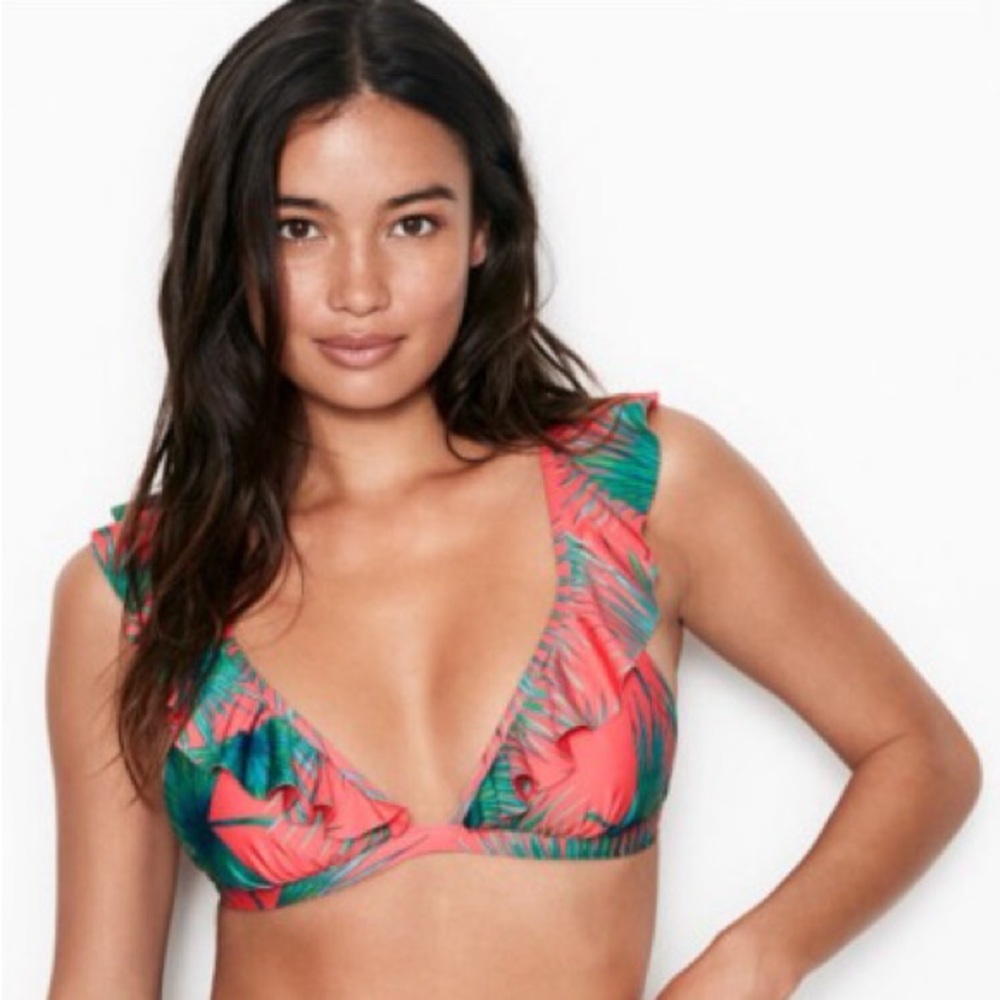Victoria's Secret 2 Piece Palm Print Coral Ruffle Bikini Size XL NWOT